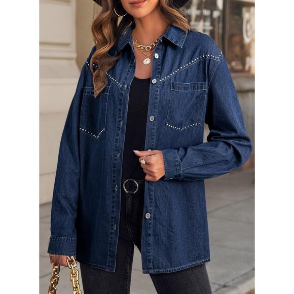 Women's Denim Shirt Long Sleeve Button Down V Neck Denim Jacket Navy Blue - Picture 4 of 5